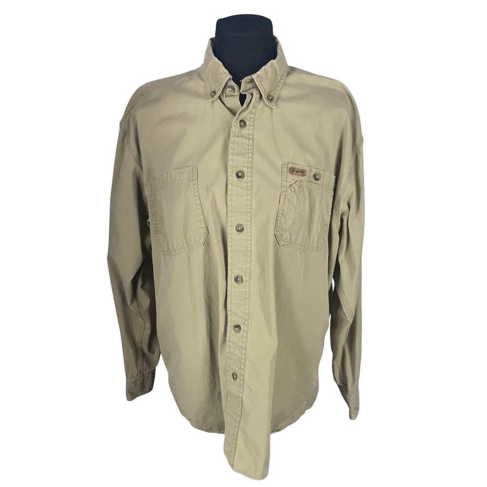 Carhartt Men Khaki Large‎ Distressed Button-Up Shirt Cotton Long Sleeve